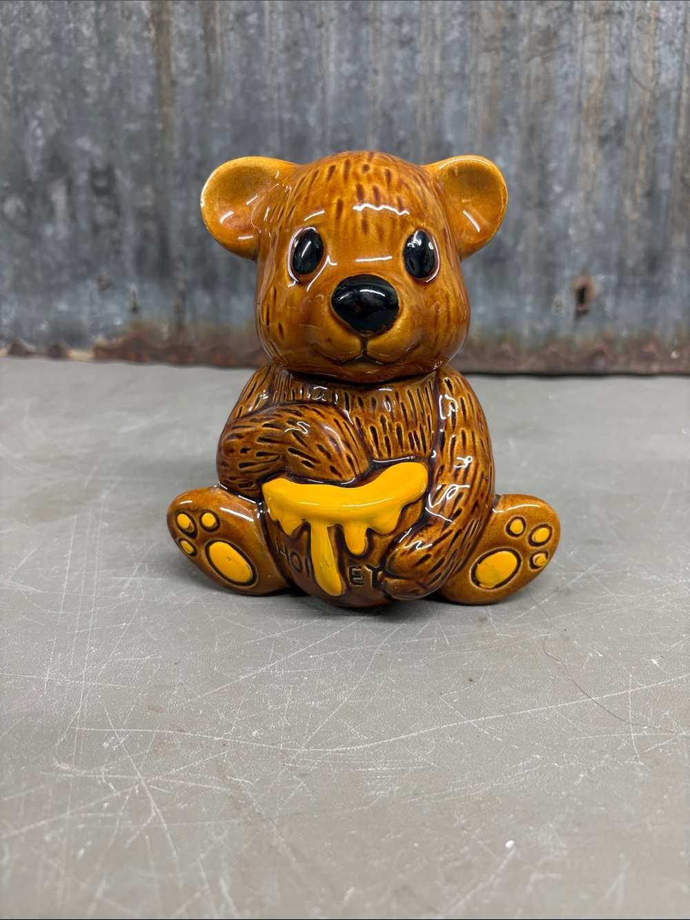 Vintage 1980s glossy ceramic honey bear pot with a removable head/lid